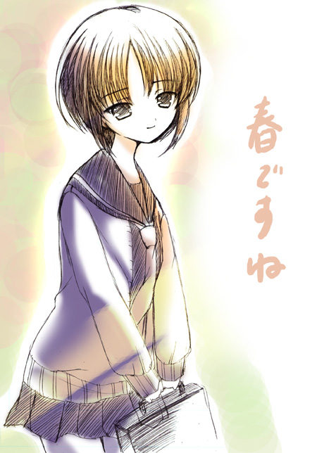 kashiwaba tomoe, rozen maiden, 00s, 1girl, black eyes, black skirt, brown hair, female focus, long sleeves, neckerchief, necktie, pleated skirt, purple shirt, sailor collar, school uniform, serafuku, shirt, short hair, skirt, sleeves past wrists, smile, solo, v arms