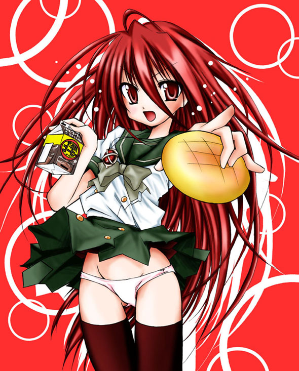 alastor (shakugan no shana), shana, shakugan no shana, 00s, 1girl, black thighhighs, blush, bow, bread, clothes lift, coffee, female focus, food, jewelry, long hair, melon bread, miniskirt, panties, pendant, pleated skirt, red eyes, red hair, school uniform, serafuku, skirt, skirt lift, smile, solo, standing, thigh gap, thighhighs, thighs, underwear, very long hair, white panties, wind, wind lift