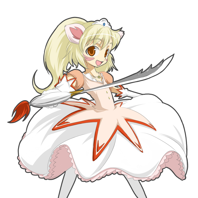 hime, tio (futagohime), fushigiboshi no futago hime, 00s, 1boy, :d, animal ears, blonde hair, crossdressing, crossdressing (mtf), dress, elbow gloves, facial mark, gloves, jewelry, long hair, looking at viewer, male focus, necklace, open mouth, orange eyes, pantyhose, ponytail, simple background, smile, solo, sword, tiara, trap, weapon, white background, white gloves, white pantyhose