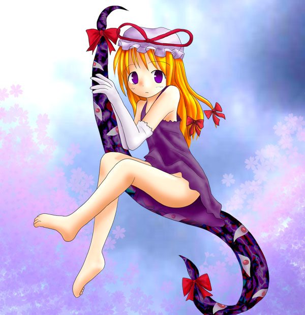 des (namaasi), yakumo yukari, touhou, 1girl, bare legs, barefoot, blonde hair, blush, bow, elbow gloves, feet, female focus, full body, gap (touhou), gloves, hair bow, hat, hat ribbon, loli, long hair, looking at viewer, mob cap, no panties, ribbon, solo, toes, white gloves