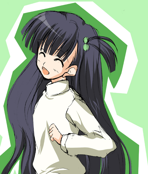 kusakabe yuuki (to heart 2), to heart (series), to heart 2, 00s, 1girl, ^ ^, black hair, closed eyes, female focus, hair bobbles, hair ornament, long hair, looking back, one side up, open mouth, smile, solo, turtleneck, upper body, very long hair