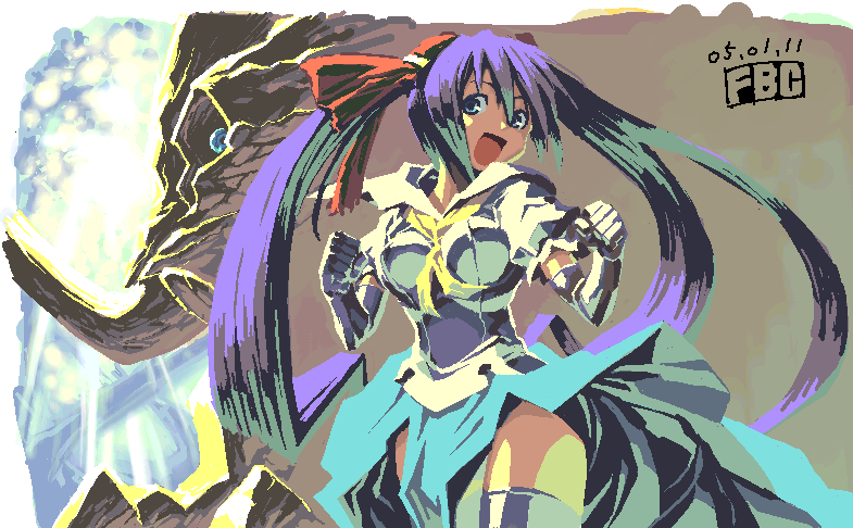 fbc, kiniro, kiniro (mushihime-sama), reco, cave (developer), mushihime-sama, 1girl, beetle, blue eyes, bug, dated, elbow gloves, female focus, gloves, happy, insect, long hair, miniskirt, oekaki, open mouth, outdoors, purple hair, rhinoceros beetle, skirt, smile, solo, thighhighs, twintails, very long hair