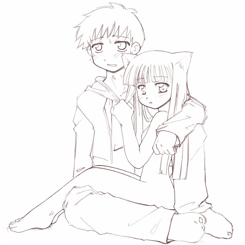 nao, sige, sakurabashi nao, sakurazaki nao, takaoka shinta, koi neko, 1boy, 1girl, animal ears, barefoot, blush, cat ears, clothed male nude female, clothes grab, collar grab, feet, greyscale, hetero, hug, koineko, long hair, monochrome, neckwear grab, nude, sitting, sitting on lap, sitting on person