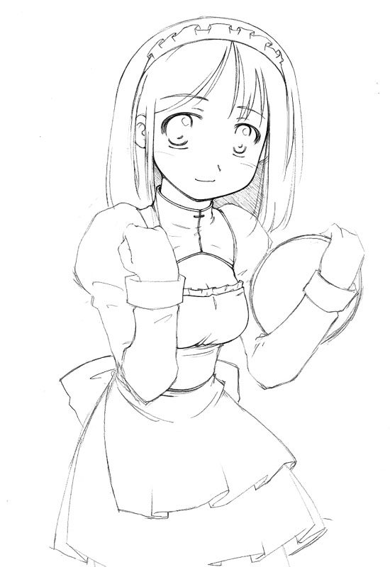 sige, 1girl, apron, female focus, greyscale, hairband, lineart, monochrome, short hair, sketch, solo, tray, waitress