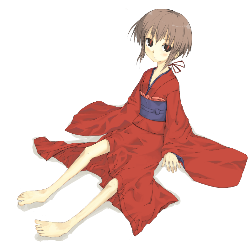ikura hato, kurame, kusari hime: euthanasia, original, 1girl, barefoot, black eyes, brown hair, female focus, flat chest, japanese clothes, kimono, ponytail, sitting, slit pupils, solo