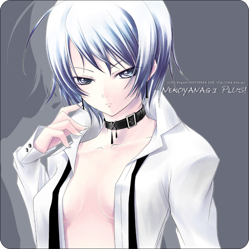 mogami rio, original, silver hair, 1girl, androgynous, blue hair, breasts, collar, earrings, female focus, grey eyes, jacket, jewelry, leash, no bra, open clothes, open shirt, reverse trap, shirt, short hair, simple background, solo, white jacket
