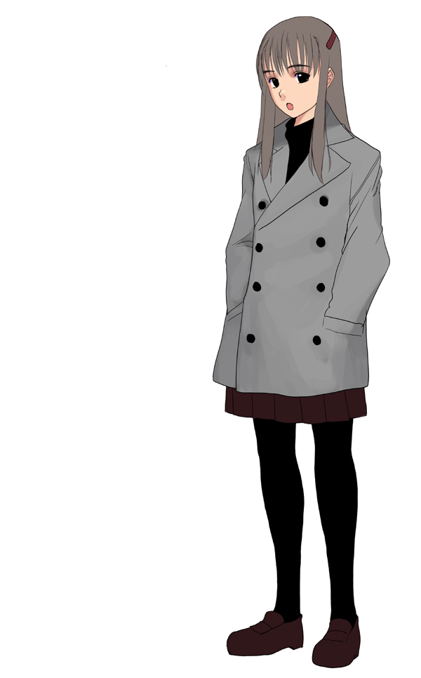 kusaka souji, original, 1girl, black eyes, black pantyhose, brown hair, buttons, coat, double-breasted, expressionless, female focus, full body, hands in pockets, long hair, looking at viewer, open mouth, pantyhose, pleated skirt, simple background, skirt, solo, standing, turtleneck, winter clothes, winter coat