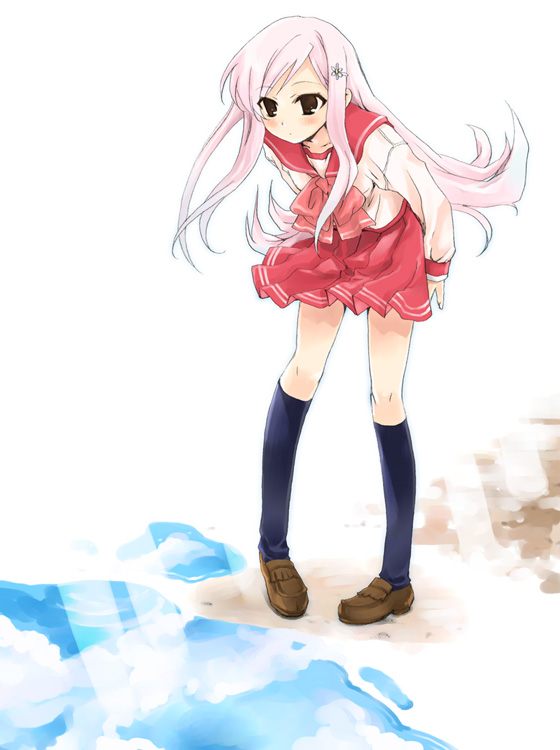 kurafuji sachi, lucy maria misora, to heart (series), to heart 2, black legwear, looking away, 00s, 1girl, blush, bow, expressionless, female focus, floating hair, full body, hair ornament, hairclip, leaning forward, loafers, long hair, pigeon-toed, pink hair, pleated skirt, school uniform, serafuku, shoes, skirt, solo, standing, very long hair, water