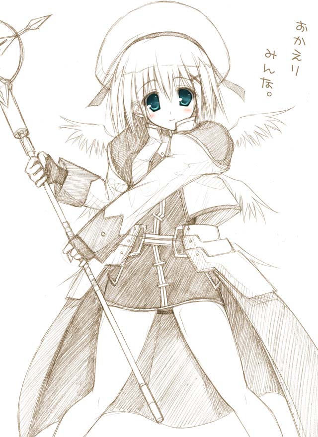 luna lia, schwertkreuz, yagami hayate, lyrical nanoha, mahou shoujo lyrical nanoha, mahou shoujo lyrical nanoha a's, graphite (medium), traditional media, translation request, 00s, 1girl, angel wings, aqua eyes, beret, blush, brown theme, female focus, fingerless gloves, gloves, hair ornament, hat, jacket, legs, magical girl, monochrome, open clothes, open jacket, short hair, sketch, skirt, smile, solo, spot color, staff, waist cape, wings, x hair ornament
