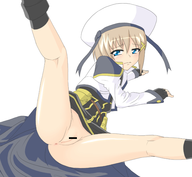 yagami hayate, lyrical nanoha, mahou shoujo lyrical nanoha, mahou shoujo lyrical nanoha a's, artist request, 00s, 1girl, bar censor, censored, female focus, hair ornament, loli, pussy, solo, x hair ornament