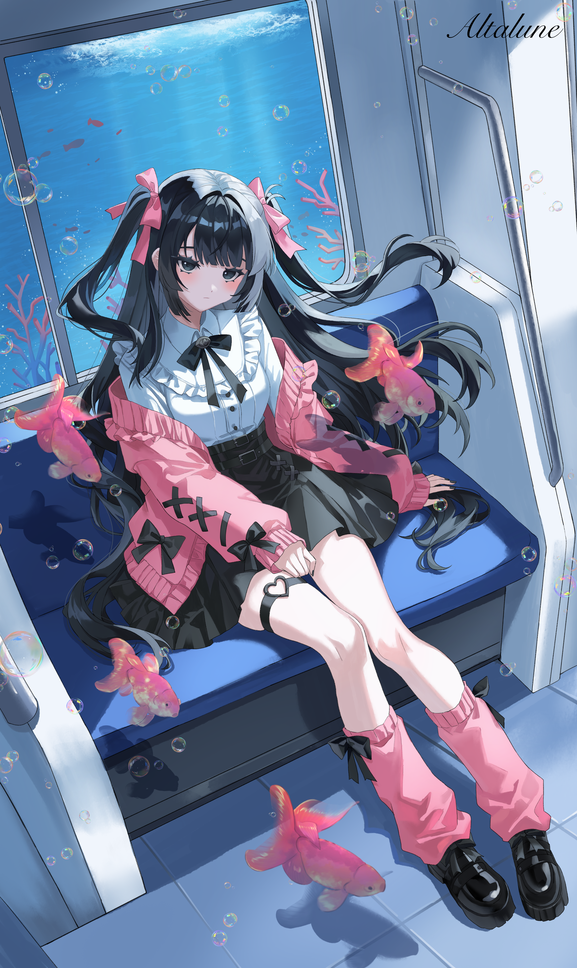 alaya0130, original, absurdres, commentary, highres, 1girl, aquarium, arm at side, artist name, backlighting, belt, black belt, black bow, black bowtie, black eyes, black hair, black nails, black shoes, black skirt, blunt bangs, blunt ends, blush, bow, bow legwear, bowtie, bubble, buttons, cardigan, cardigan partially removed, closed mouth, collared shirt, dutch angle, expressionless, eyebrows hidden by hair, eyelashes, fish, floating hair, frilled shirt collar, frills, from above, full body, hair bow, hair intakes, high-waist skirt, indoors, jirai kei, kneehighs, koi, long hair, looking at viewer, loose socks, nail polish, o-ring, o-ring thigh strap, open cardigan, open clothes, pink bow, pink cardigan, pink socks, shirt, shoes, sidelocks, sitting, skirt, sleeve bow, sleeves past wrists, socks, solo, thigh strap, tile floor, tiles, very long hair, water, white shirt, window