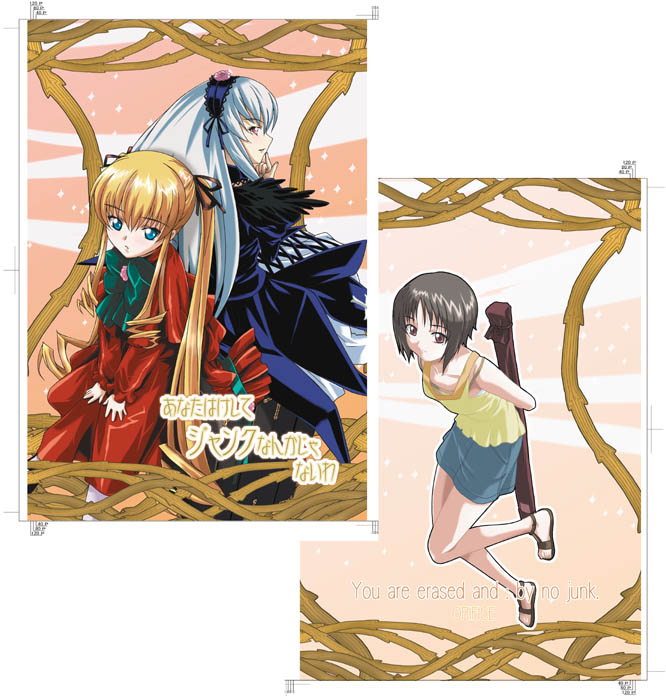 mikage nao, kashiwaba tomoe, shinku, suigintou, rozen maiden, silver hair, artbook, 00s, 3girls, back-to-back, black wings, blonde hair, bonnet, doll, dress, drill hair, feet, flower, goth fashion, hairband, long hair, looking at viewer, looking back, mary janes, multiple girls, red dress, rose, sandals, shoes, sitting, skirt, suitcase, sword, twintails, v arms, very long hair, weapon, wings
