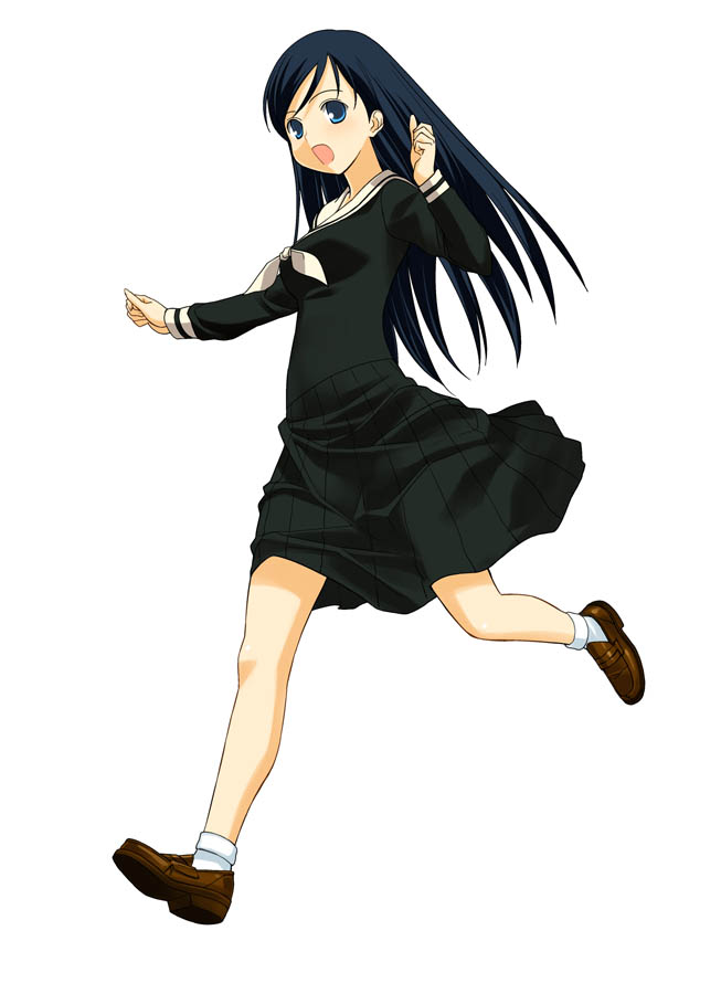 a1 (initial-g), ogasawara sachiko, maria-sama ga miteru, 00s, 1girl, black hair, blue eyes, clenched hands, female focus, full body, loafers, long hair, long sleeves, looking at viewer, open mouth, running, school uniform, serafuku, shoes, simple background, socks, solo, very long hair