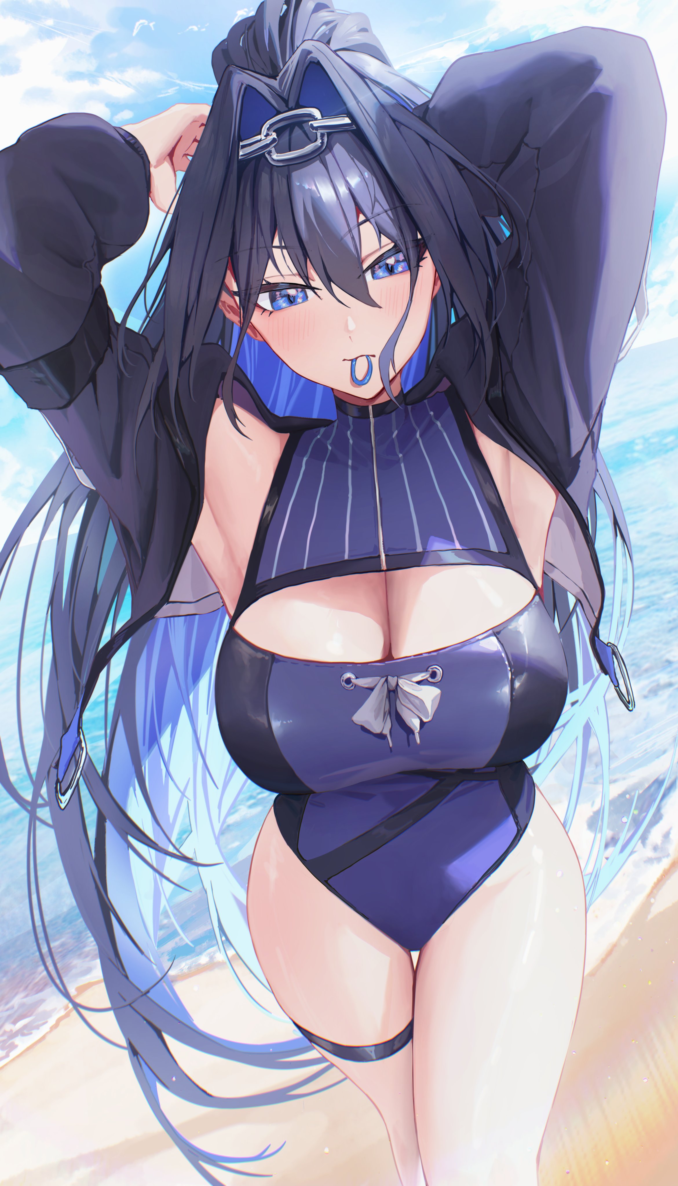 yoellim5, ouro kronii, ouro kronii (holonatsu paradise), hololive, hololive english, holonatsu paradise, absurdres, highres, 1girl, ;d, arms up, black jacket, blue eyes, blue hair, blue one-piece swimsuit, blue sky, blush, breasts, chain, chain headband, cleavage, cleavage cutout, clothing cutout, cloud, cropped jacket, day, double-parted bangs, fang, hair between eyes, hair intakes, hair tie in mouth, jacket, large breasts, long hair, looking at viewer, mouth hold, ocean, official alternate costume, official alternate hairstyle, one-piece swimsuit, one eye closed, open mouth, outdoors, sky, smile, solo, swimsuit, thigh strap, very long hair, virtual youtuber