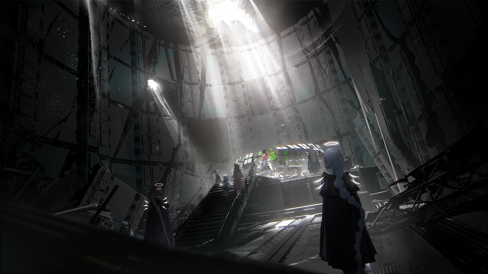 exusiai (arknights), exusiai the new covenant (arknights), arknights, game cg, highres, official art, third-party source, 2boys, 5girls, black cloak, blue hair, cloak, dark, detached wings, dress, energy wings, halo, holding, idida (arknights), long skirt, multiple boys, multiple girls, pcs system (arknights), purple dress, purple hair, railing, red hair, red skirt, ruins, skirt, spotlight, stairs, standing, underground, wings