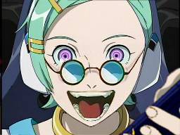 eureka (eureka seven), nekki basara, eureka seven, eureka seven (series), macross, macross 7, lowres, 1girl, female focus, glasses, nintendo ds wallpaper, parody, raised eyebrows, solo
