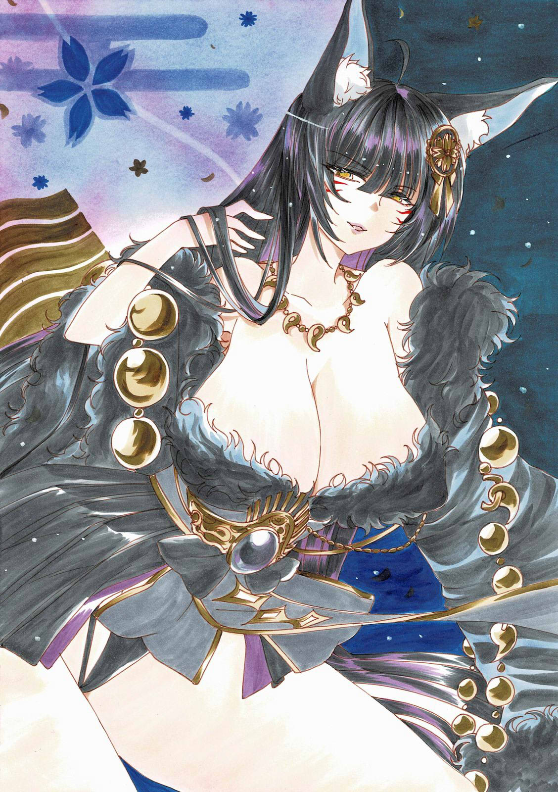 uzuharu (uduharu), musashi (azur lane), azur lane, commentary request, highres, traditional media, 1girl, animal ear fluff, animal ears, bare shoulders, beads, black hair, black kimono, breasts, cleavage, collarbone, colored inner hair, facial mark, fox ears, fox girl, fur-trimmed kimono, fur trim, gem, gold trim, hand in own hair, huge breasts, japanese clothes, jewelry, kimono, kitsune, leaning forward, long hair, low neckline, magatama, magatama necklace, multicolored hair, necklace, prayer beads, purple gemstone, purple hair, solo, two-tone hair, very long hair, whisker markings, yellow eyes