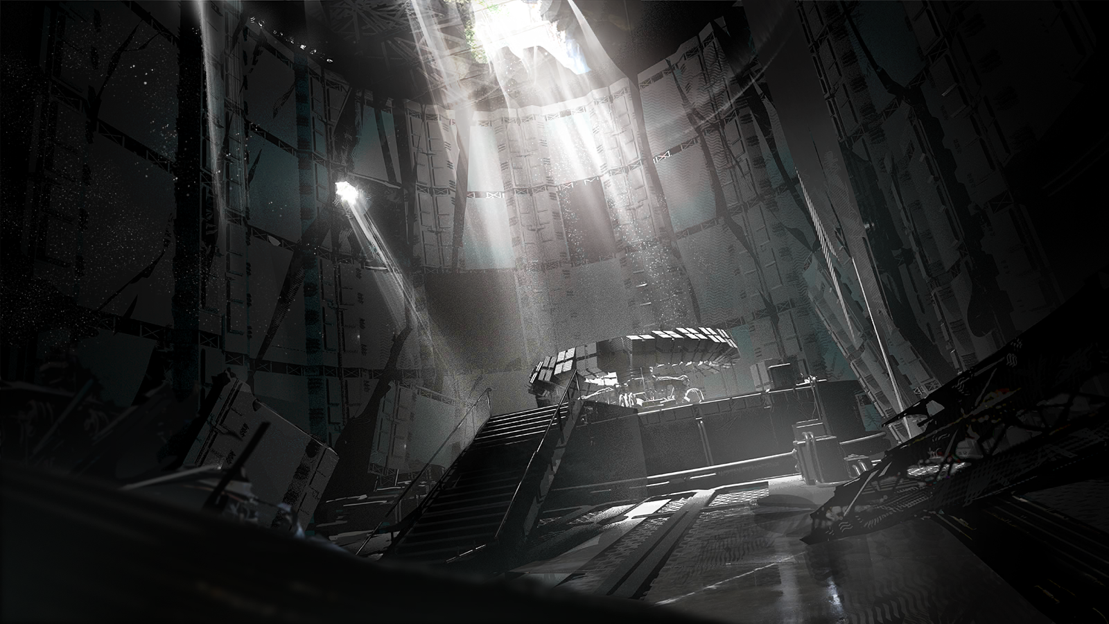 arknights, game cg, highres, official art, third-party source, dark, hole, no humans, pcs system (arknights), railing, ruins, spotlight, stairs, underground
