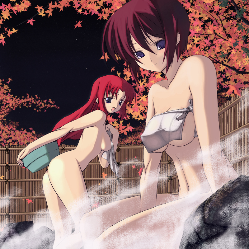 2girls, autumn leaves, blue eyes, breasts, covering privates, leaf, long hair, medium breasts, multiple girls, nude, nude cover, onsen, outdoors, purple eyes, purple hair, red hair, sideboob, tree, underboob