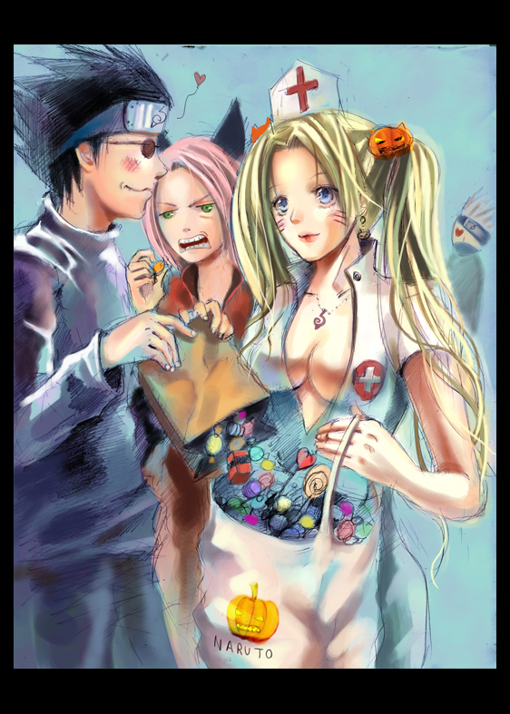 nanami yuki, ebisu, ebisu (naruto), haruno sakura, hatake kakashi, naruko (naruto), naruto, angry, animal ears, black hair, blonde hair, blue eyes, blush, breasts, candy, cat ears, cleavage, genderswap, glasses, green eyes, halloween, headband, nurse, open clothes, open shirt, twintails