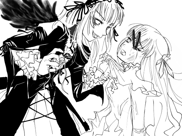 barasuishou, suigintou, rozen maiden, 00s, 2girls, black wings, bullying, clothes grab, collar grab, dress, eyepatch, feathers, flower, greyscale, guro, hairband, long hair, monochrome, multiple girls, neckwear grab, rose, tears, very long hair, wings