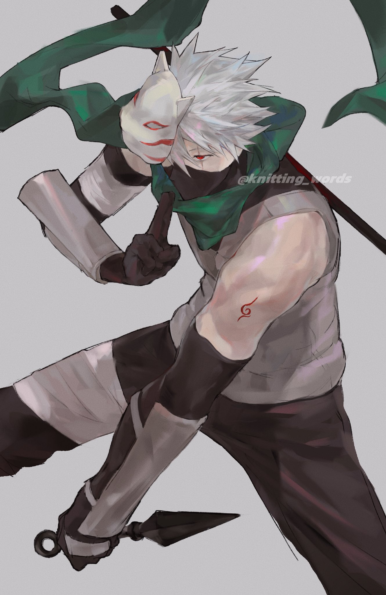 zhiyanpianyu55126, hatake kakashi, naruto (series), commentary, highres, 1boy, bandaged arm, bandaged leg, bandages, bandages over clothes, cowboy shot, fox mask, holding, holding kunai, holding weapon, konohagakure anbu uniform, kunai, male focus, mask, official alternate costume, red eyes, scar, scar across eye, scar on face, short hair, sleeveless, solo, twitter username, unusually open eyes, weapon, white hair