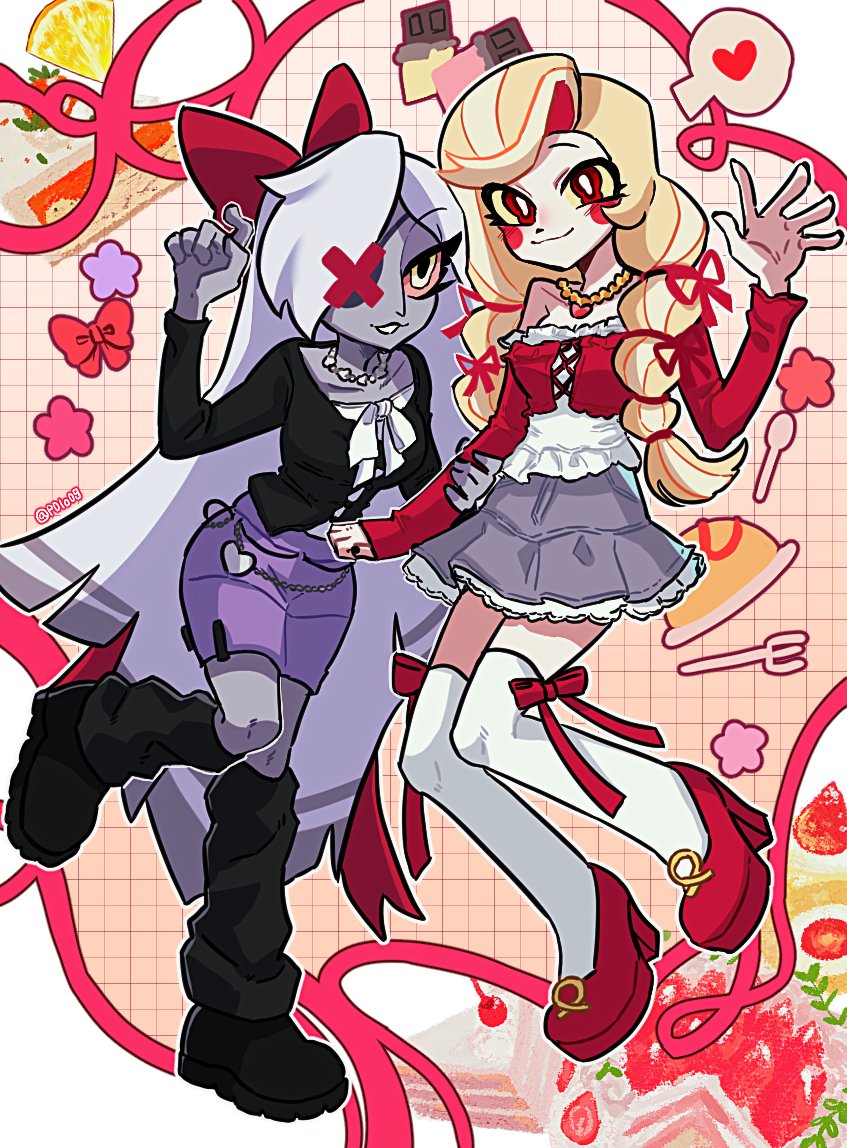 michelin (p0lo09), charlie morningstar, vaggie, hazbin hotel, hellaverse, commentary request, korean commentary, 2girls, :d, alternate costume, black boots, black shirt, black socks, boots, bow, bow legwear, braid, bright pupils, cake, chain, circle facial mark, closed mouth, colored sclera, colored skin, colored tips, crop top, cross-laced clothes, cross-laced top, flower, food, fork, frilled shirt, frilled skirt, frills, fruit, full body, gold necklace, grey hair, grey skin, grey skirt, grid background, grin, hair bow, hair over one eye, hair over shoulder, hair ribbon, hand on another's arm, hand up, heart, heart necklace, high heels, jewelry, jumping, kneehighs, knees together feet apart, lemon, lemon slice, long hair, long sleeves, looking at viewer, loose socks, miniskirt, multicolored hair, multiple girls, necklace, omelet, open mouth, orange background, outline, petticoat, pink flower, plate, purple flower, purple shorts, red bow, red eyes, red flower, red ribbon, red sclera, red shirt, red shoes, ribbon, shirt, shoes, shorts, simple background, skirt, smile, socks, spoken heart, spoon, standing, standing on one leg, strawberry cake, thighhighs, twin braids, twitter username, two-tone hair, very long hair, white hair, white outline, white pupils, white shirt, white skin, white thighhighs, yellow eyes, yellow sclera, zettai ryouiki