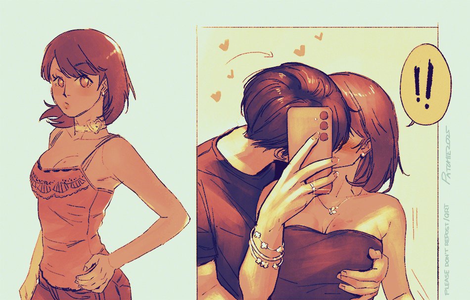 paaaatchieee, takeba yukari, yuuki makoto (persona 3), persona, persona 3, hashtag-only commentary, !, !!, 1boy, 1girl, armpit peek, arrow (symbol), bangle, bare shoulders, blue hair, blush, bracelet, breasts, brown eyes, camisole, choker, cleavage, collarbone, couple, earrings, flipped hair, glint, grabbing another's breast, grabbing from behind, groping, hand on own hip, heart, heart choker, holding, holding phone, implied kiss, jewelry, kiss, large breasts, looking at another, looking at viewer, medium breasts, mole, mole on breast, necklace, phone, pink camisole, ring, selfie, shirt, short hair, spaghetti strap, spoken exclamation mark, strapless, stud earrings, upper body, white choker