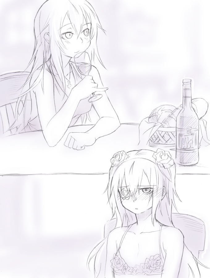 kirakishou, suigintou, rozen maiden, 00s, 2girls, alcohol, alternate costume, blush, bread, chair, contemporary, food, monochrome, multiple girls, one-eyed, pink theme, pinky out, purple theme, sitting, table, wine