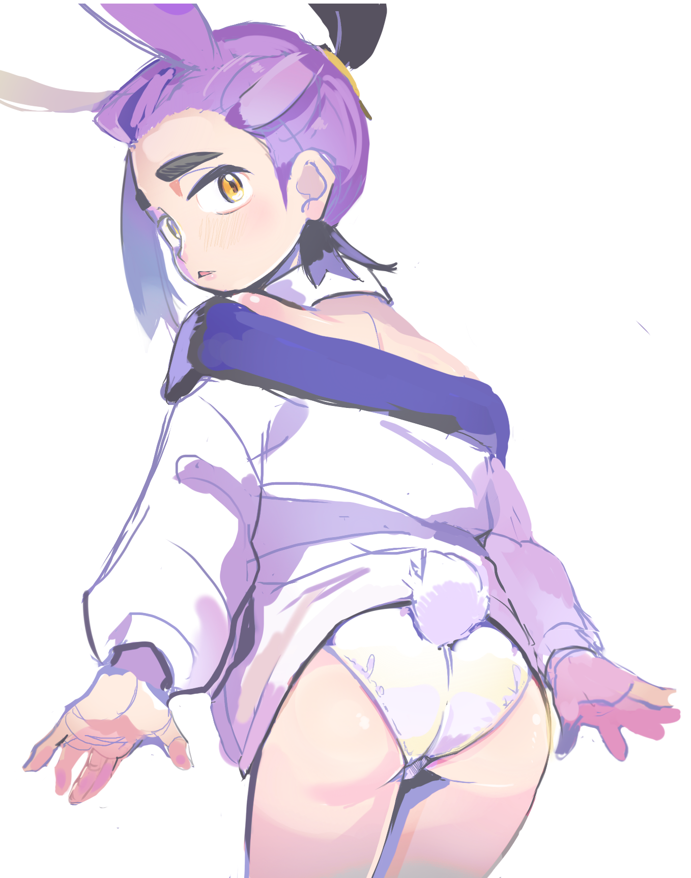 kieran (pokemon), nintendo, pokemon, pokemon sv, commentary request, highres, 1boy, animal ears, black hair, detached collar, jacket, leaning forward, long sleeves, looking at viewer, looking back, male focus, male underwear, multicolored hair, off shoulder, purple hair, rabbit boy, rabbit ears, rabbit tail, simple background, solo, tail, two-tone hair, underwear, uzushio (udsotolna1do), white background, white jacket, white male underwear, yellow eyes