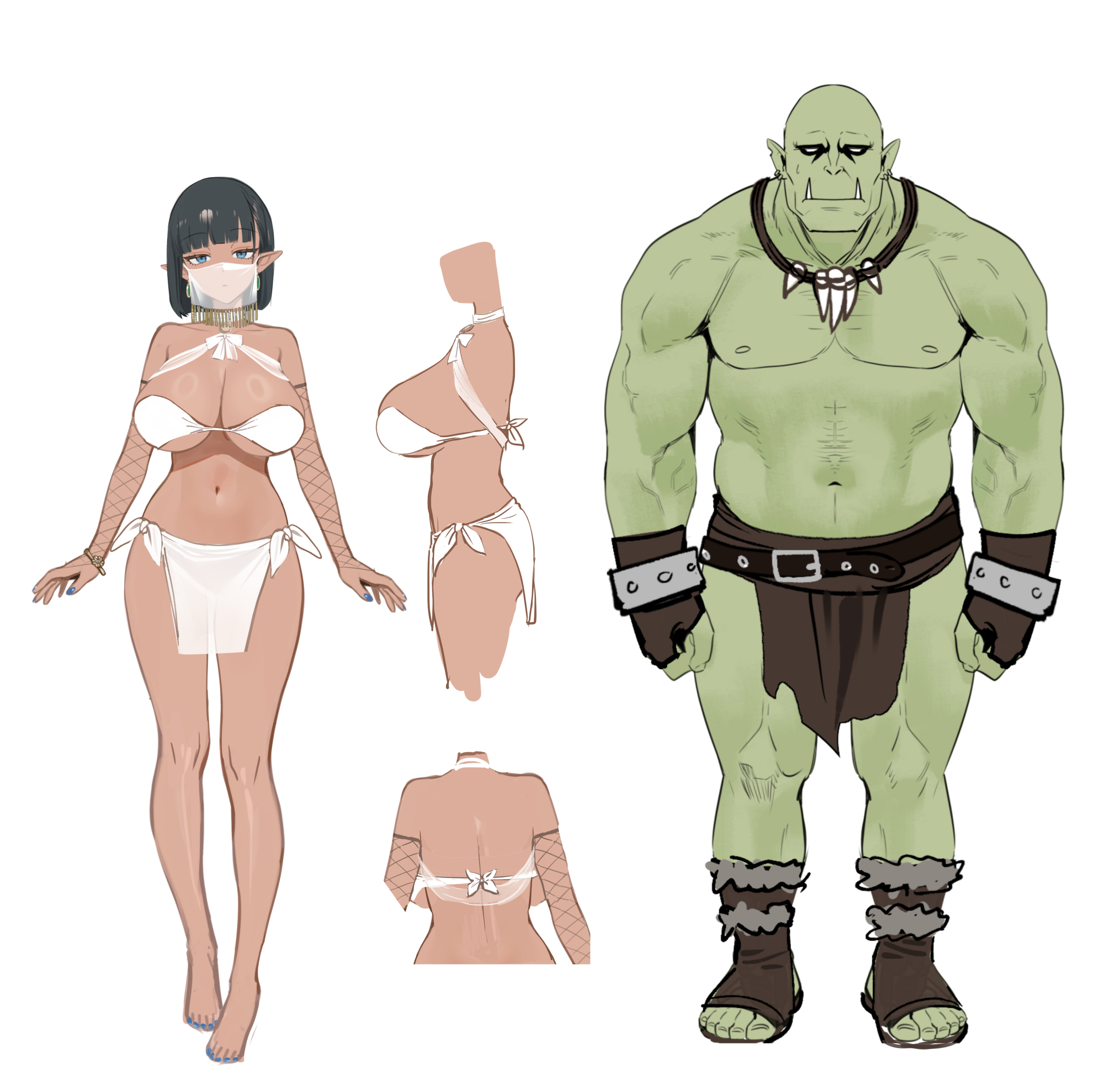 sencha bashira, original, chinese commentary, commentary, english commentary, highres, mixed-language commentary, multilingual commentary, 1boy, 1girl, barefoot, black hair, blue eyes, blue nails, breasts, bridal gauntlets, cleavage, colored skin, dark-skinned female, dark skin, fangs, fingerless gloves, fishnet bridal gauntlets, gloves, green skin, jewelry, large breasts, laycey (sencha bashira), loincloth, medium hair, multiple views, muscular, muscular male, navel, necklace, open-toe shoes, orc, pointy ears, reference sheet, revealing clothes, side-tie skirt, veil, wav (sencha bashira), white veil