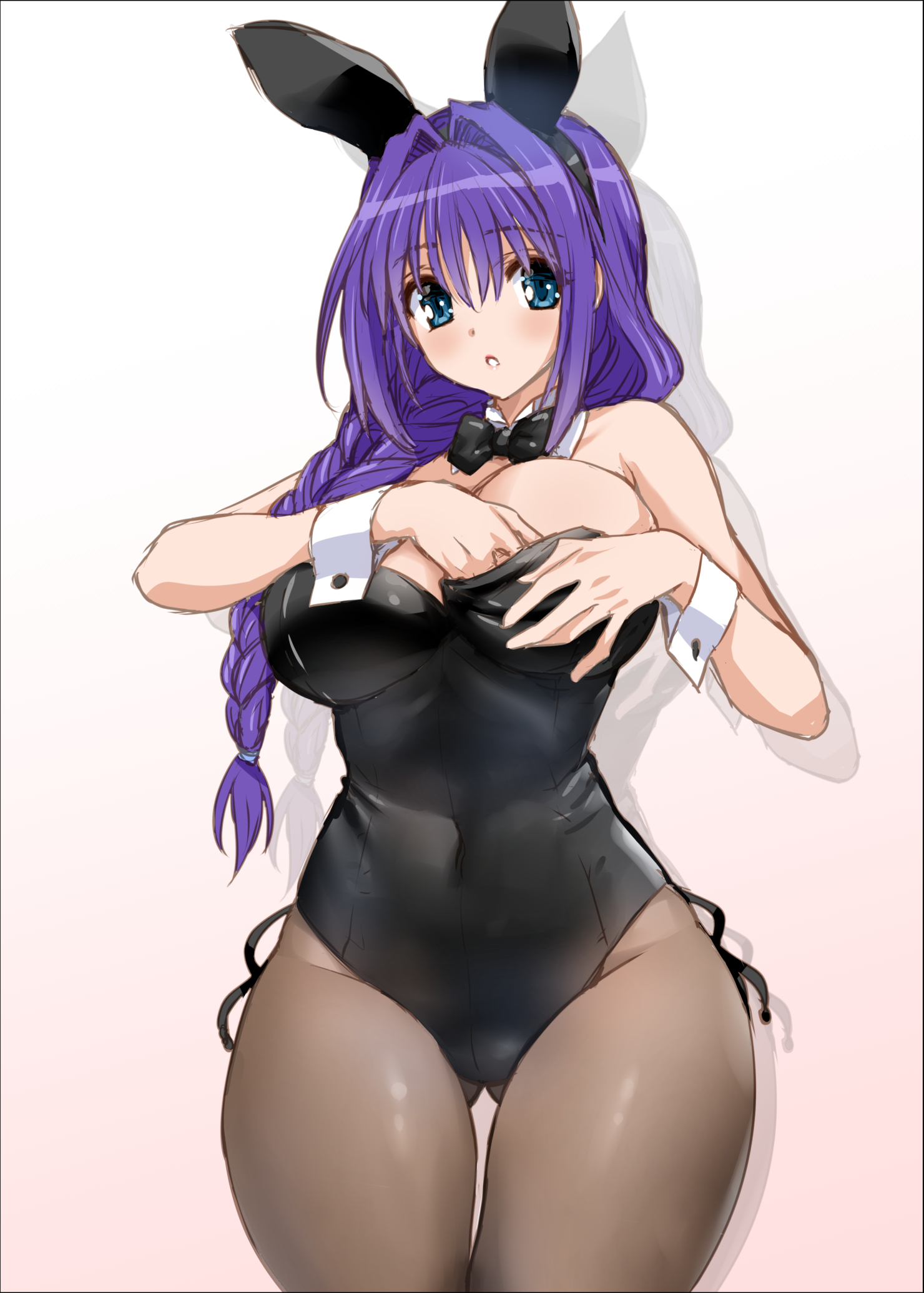 mitarashi kousei, minase akiko, kanon, commentary request, highres, revision, 1girl, adjusting breasts, adjusting clothes, adjusting leotard, animal ears, bare shoulders, black bow, black bowtie, black leotard, black pantyhose, blue eyes, bow, bowtie, braid, breasts, covered navel, cowboy shot, detached collar, drop shadow, fake animal ears, gradient background, hair intakes, large breasts, leotard, long hair, mature female, pantyhose, pink background, playboy bunny, purple hair, rabbit ears, single braid, solo, strapless, strapless leotard, thigh gap, thighs, white background, wrist cuffs