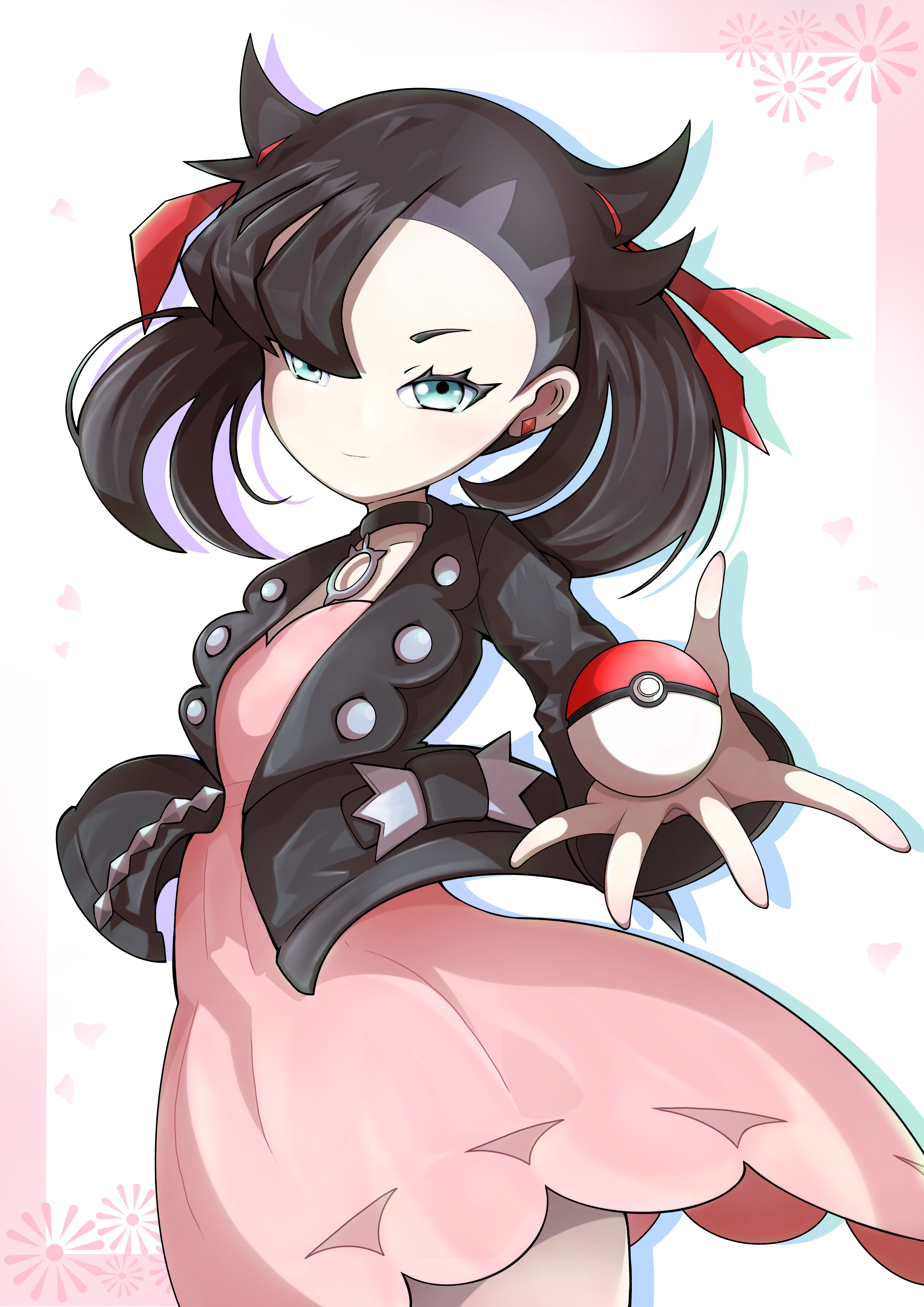 marnie (pokemon), nintendo, pokemon, pokemon swsh, absurdres, commentary request, highres, 1girl, asymmetrical bangs, black collar, black jacket, closed mouth, collar, dress, earrings, eyelashes, green eyes, hair ribbon, holding, holding poke ball, jacket, jewelry, open clothes, open jacket, pink dress, poke ball, poke ball (basic), red ribbon, ribbon, shio kyabetsu, solo, spread fingers, white background