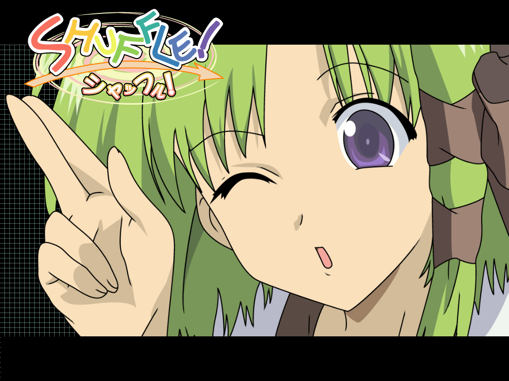shigure asa, shuffle!, derivative work, vector trace, 00s, 1girl, blonde hair, copyright name, female focus, letterboxed, one eye closed, open mouth, portrait, purple eyes, short hair, solo