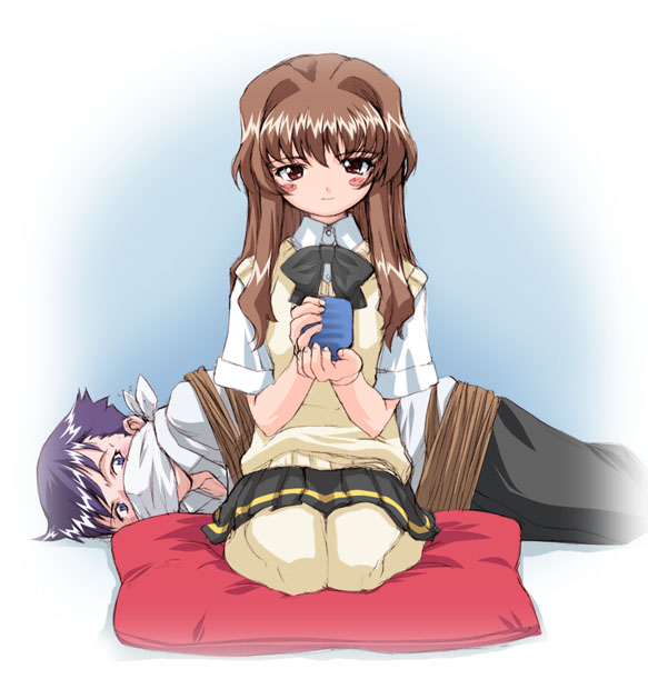 maiku, kamishiro maiku, morino ichigo, onegai teacher, onegai twins, 00s, 1boy, 1girl, bdsm, black bow, black bowtie, blue eyes, blush, bondage, bound, bow, bowtie, brown hair, cup, cushion, gag, gagged, gagged male, holding, holding cup, kneeling, long hair, lying, on side, pleated skirt, purple hair, red eyes, rope, school uniform, seiza, serafuku, short sleeves, sitting, skirt, sweater vest, tea, thighhighs, vest, yunomi, zabuton
