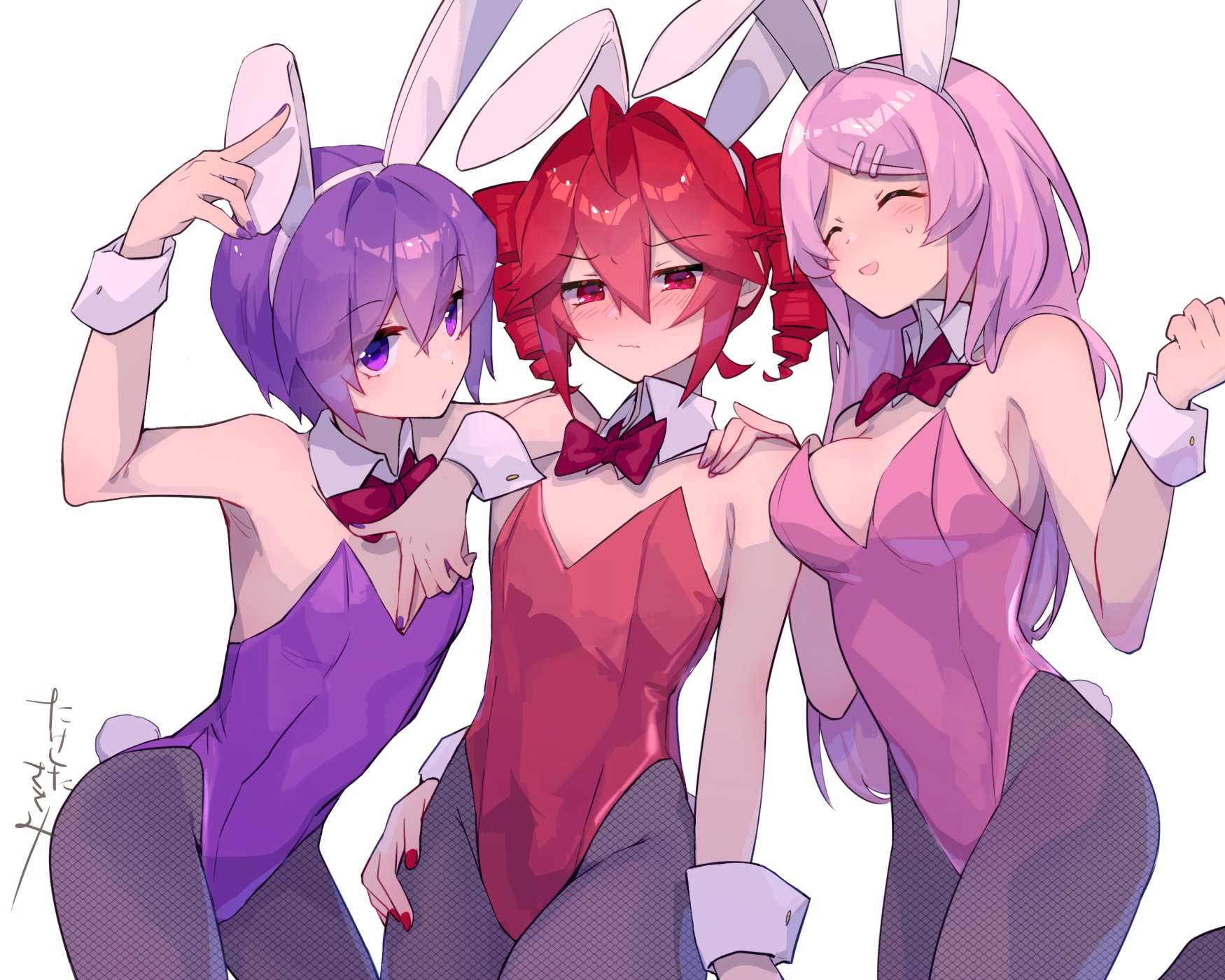 torino sasami, kasane teto, momone momo, utane uta, utau, highres, 3girls, animal ears, armpit peek, bare shoulders, blush, bow, bowtie, breasts, clenched hands, closed eyes, closed mouth, detached collar, drill hair, embarrassed, expressionless, fake animal ears, fake tail, fishnet pantyhose, fishnets, flat chest, hair ornament, hairband, hairclip, hand on another's shoulder, hand on own hip, large breasts, leg up, leotard, long hair, looking at viewer, looking to the side, medium hair, multiple girls, open mouth, pantyhose, pink hair, pink leotard, pink nails, playboy bunny, purple hair, purple leotard, purple nails, rabbit ears, rabbit tail, red bow, red bowtie, red hair, red leotard, red nails, short hair, sideboob, simple background, smile, strapless, strapless leotard, tail, twin drills, white background, white hairband