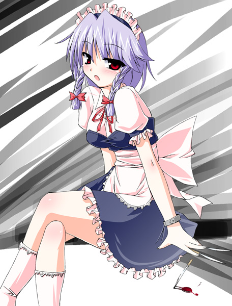 utamaro, izayoi sakuya, touhou, silver hair, 1girl, blood, blush, bow, braid, crossed legs, female focus, knife, maid, maid headdress, open mouth, red eyes, sitting, solo