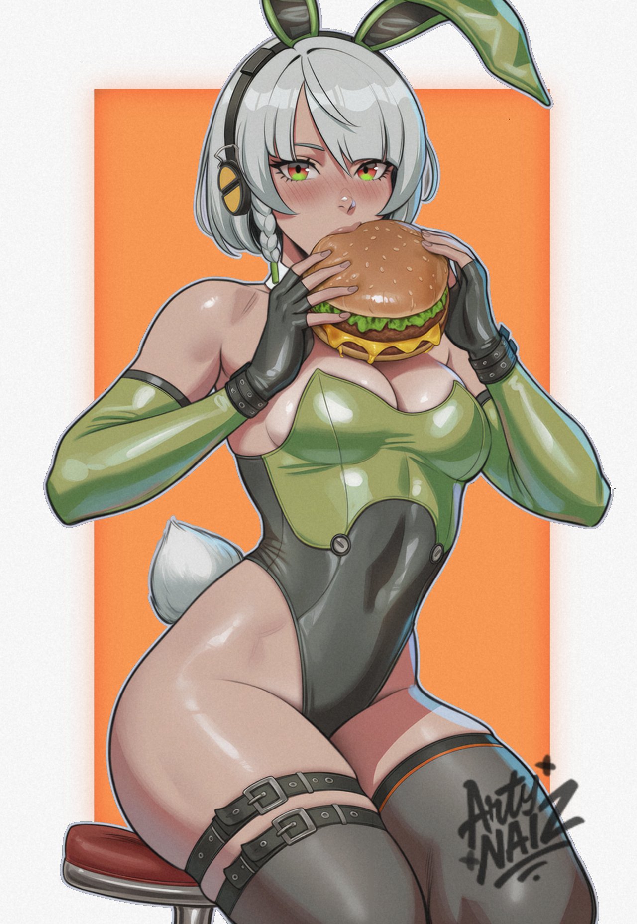 anby demara, zenless zone zero, highres, alternate skin color, animal ears, artist name, artynaiz, belt buckle, black gloves, black thighhighs, border, braid, breasts, buckle, burger, dark-skinned female, dark skin, fake animal ears, fake tail, fingerless gloves, food, gloves, grey hair, headphones, holding, holding burger, holding food, leotard, looking at viewer, medium breasts, orange background, playboy bunny, rabbit tail, signature, sitting, stool, strapless, strapless leotard, tail, tan, thighhighs, white border