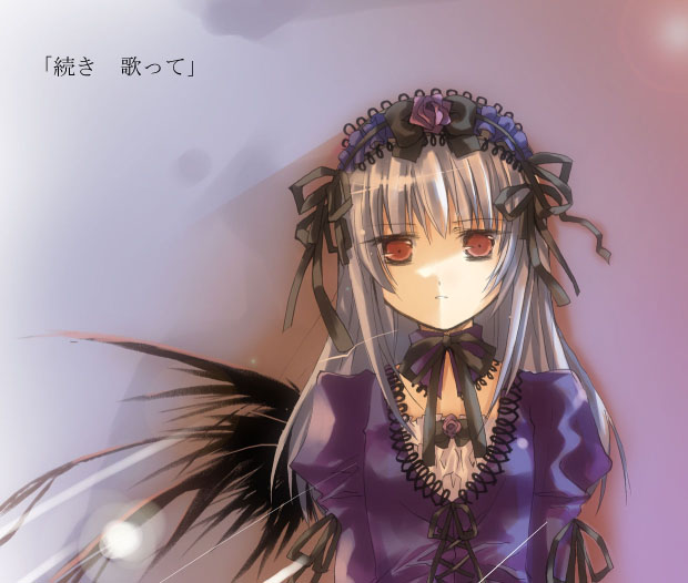suigintou, rozen maiden, silver hair, 00s, 1girl, black wings, collar, dress, expressionless, female focus, flower, gradient background, long hair, long sleeves, looking at viewer, parted lips, pink flower, pink rose, puffy long sleeves, puffy sleeves, purple background, purple dress, red eyes, red ribbon, ribbon, rose, simple background, single wing, solo, upper body, very long hair, wings