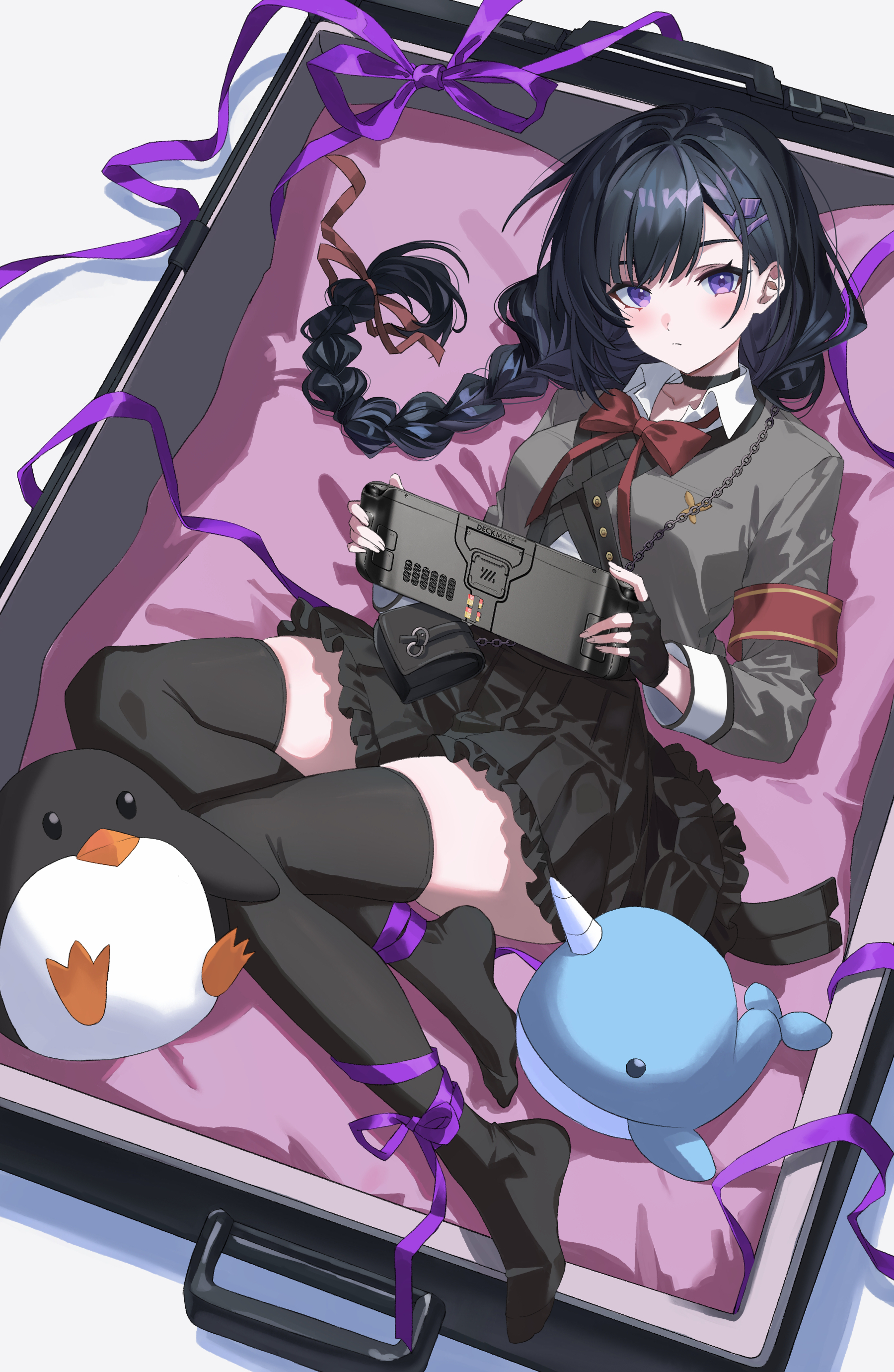 alaya0130, miki (virtuareal), nijisanji, virtuareal, absurdres, chinese commentary, commentary request, highres, 1girl, black gloves, black hair, black skirt, black thighhighs, blush, bow, bowtie, box, braid, braided ponytail, brand name imitation, buttons, closed mouth, collared shirt, dutch angle, eyebrows hidden by hair, eyelashes, feet, fingerless gloves, frilled skirt, frills, from above, full body, gloves, grey jacket, hair behind ear, hair between eyes, hair intakes, hair ornament, hair spread out, hairclip, handheld game console, holding, holding handheld game console, in box, in container, jacket, leg ribbon, light frown, long hair, long ribbon, long sleeves, looking at viewer, low ponytail, lying, no shoes, on back, parallel hairclips, pleated skirt, ponytail, purple eyes, purple ribbon, red bow, red bowtie, ribbon, shirt, skindentation, skirt, solo, split mouth, steam deck, stuffed animal, stuffed penguin, stuffed seal, stuffed toy, thighhighs, thighs, virtual youtuber, white shirt, zettai ryouiki