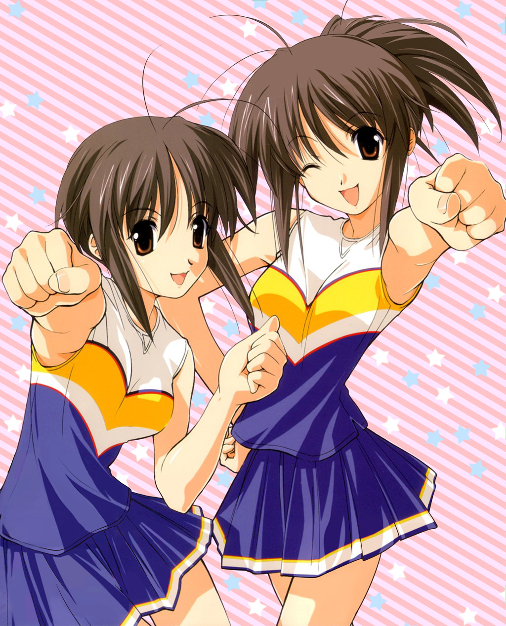 sasaki mutsumi, ichijou kaoruko, ichijou sumireko, futakoi, diagonal stripes, highres, official art, 00s, 2girls, :d, ;d, antenna hair, armpits, bare shoulders, blue skirt, brown eyes, brown hair, cheerleader, clenched hands, cowboy shot, foreshortening, grey hair, hair between eyes, hand on own hip, hand up, happy, high ponytail, leaning, looking at viewer, miniskirt, multiple girls, one eye closed, open mouth, outstretched arm, parted bangs, pink background, pleated skirt, ponytail, short hair with long locks, short ponytail, siblings, side slit, sidelocks, sisters, skinny, skirt, smile, standing, star (symbol), star symbol background, striped background, tank top, thigh gap, twins, wink