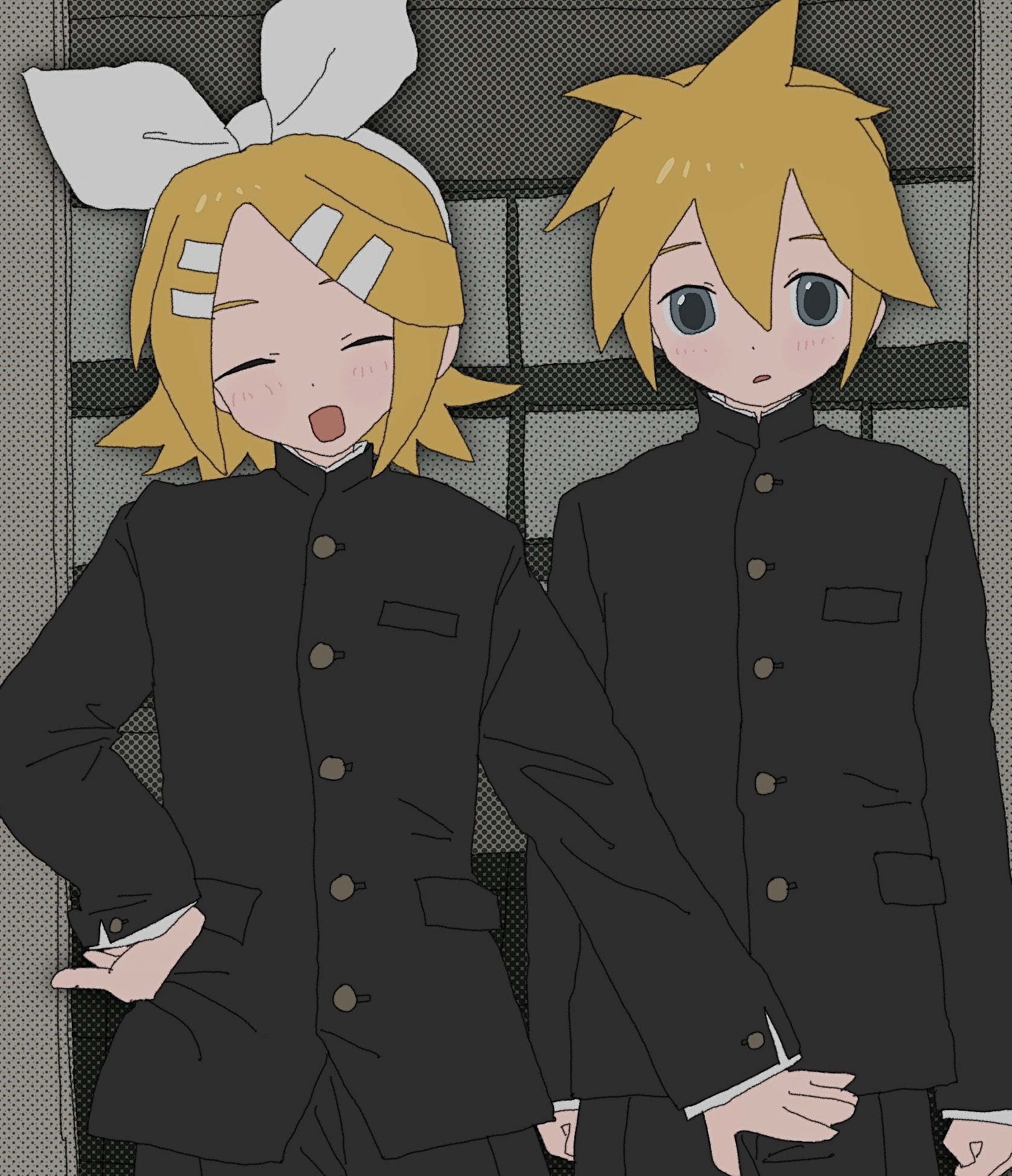kousou (vanilla rkgk), kagamine len, kagamine rin, vocaloid, highres, 1boy, 1girl, alternate costume, black jacket, blonde hair, blush, closed eyes, cowboy shot, crossdressing, crossdressing (ftm), gakuran, grey background, grey eyes, hand on own hip, indoors, jacket, looking at viewer, matching outfits, monochrome background, open mouth, school uniform, side-by-side, smile, standing