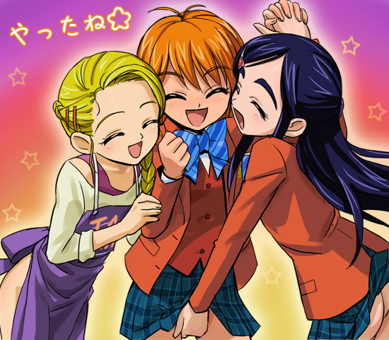 haruyama kazunori, kujou hikari, misumi nagisa, yukishiro honoka, futari wa precure, futari wa precure max heart, precure, multicolored background, striped neckwear, 00s, 3girls, ass, blonde hair, blue bow, bow, bowtie, braid, crotch grab, fingering, hair ornament, hairclip, long hair, multiple girls, no panties, orange hair, pleated skirt, purple hair, school uniform, serafuku, single braid, skirt, sleeves rolled up, striped bow, striped bowtie, striped clothes, yuri