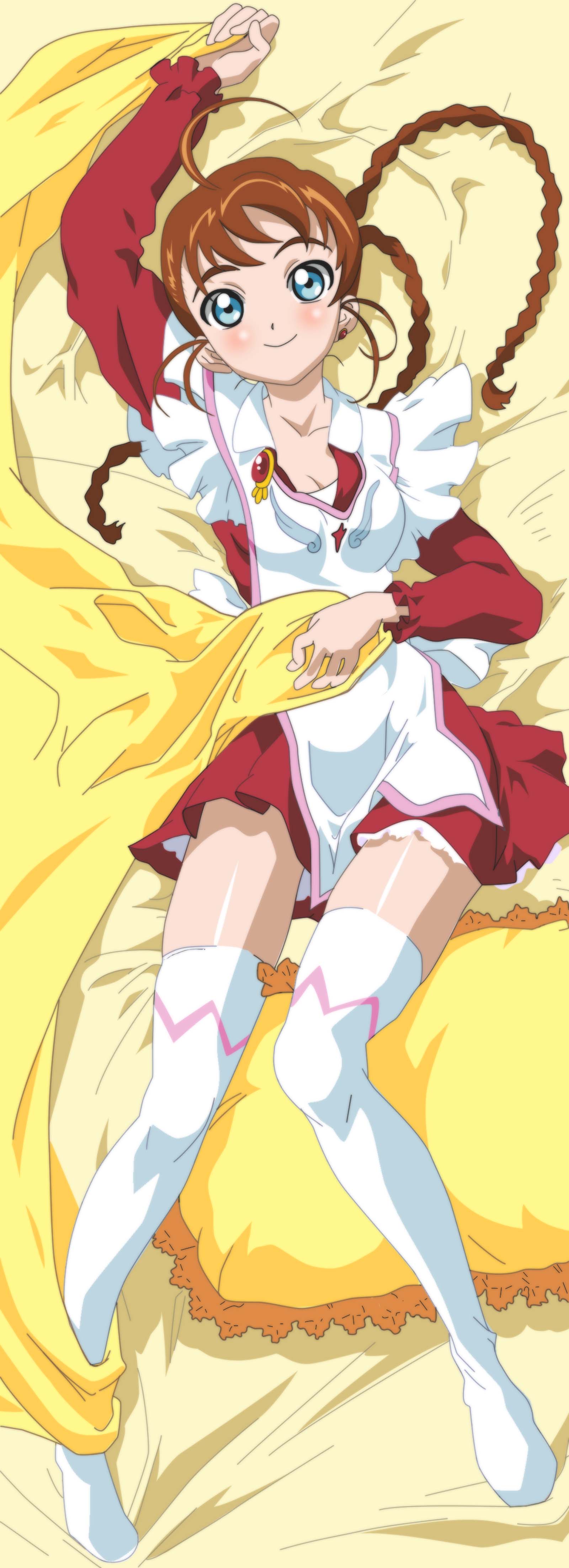 arika yumemiya, my-otome, absurdres, highres, 00s, 1girl, bed, blue eyes, blush, braid, brown hair, female focus, garderobe uniform, long hair, long sleeves, lying, pillow, smile, solo, thighhighs, twin braids, white thighhighs