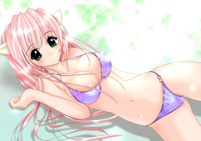 lucy (elfen lied), nyuu, elfen lied, 00s, 1girl, animal ears, bikini, breasts, cat ears, cleavage, female focus, green eyes, horns, long hair, lying, pink hair, purple bikini, purple theme, solo, swimsuit