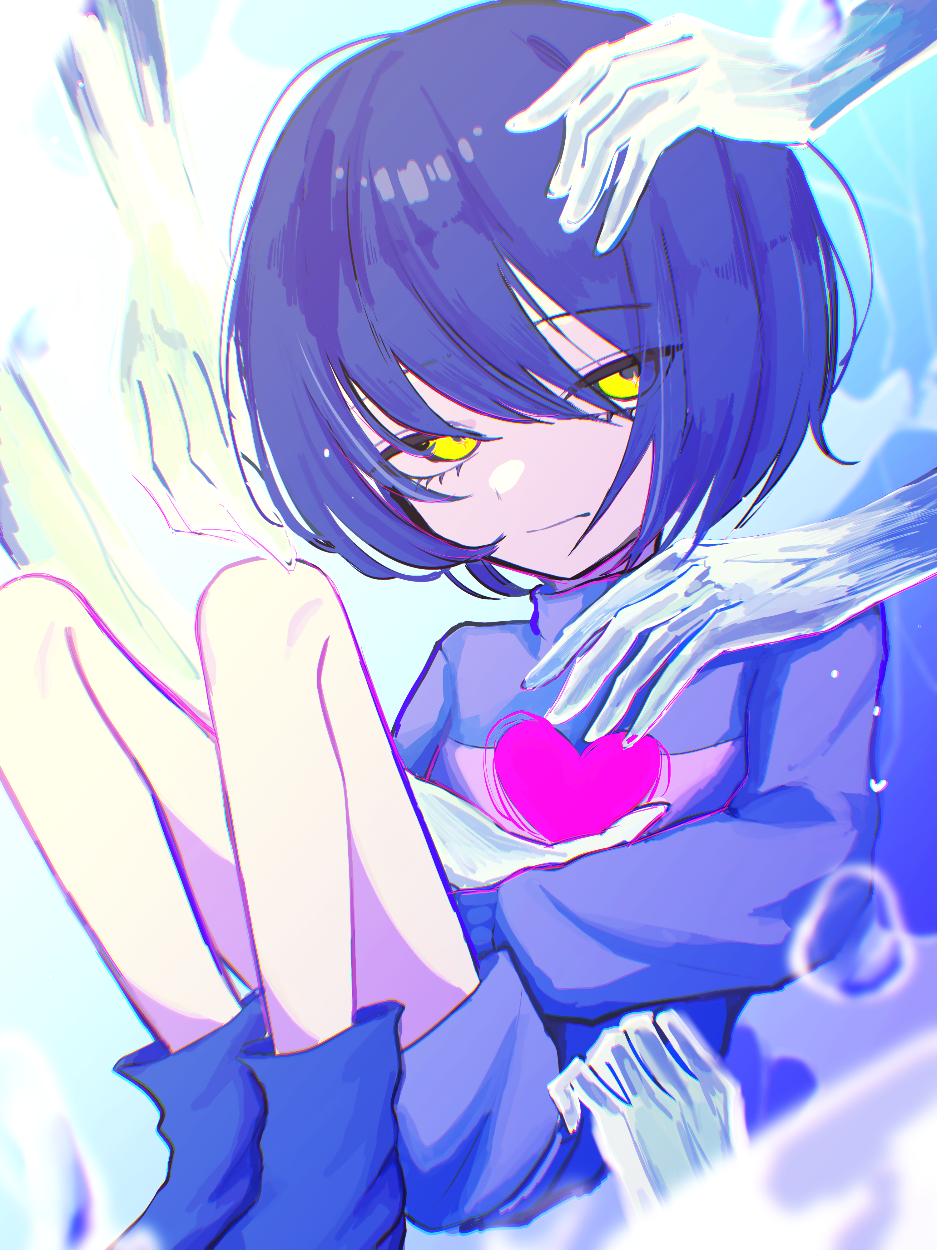 undertale, utdr (toby fox), absurdres, commentary request, highres, black boots, blue sweater, boots, closed mouth, heart, knees up, long sleeves, other focus, raique, short hair, striped clothes, striped sweater, sweater, yellow eyes