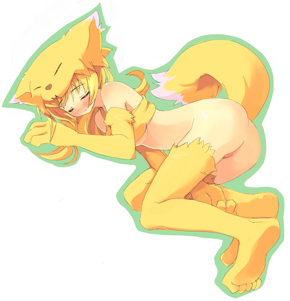 moonlight flower, ragnarok online, animal ears, animal hat, blush, bottomless, closed eyes, full body, hat, no panties, sleeping, smile, solo, tail, thighhighs, yellow hat