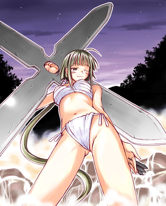nagase kaede, mahou sensei negima!, 00s, 1girl, female focus, fundoshi, japanese clothes, kunai, long hair, ninja, ninjadarts, one eye closed, panties, sarashi, solo, underwear, weapon, wink