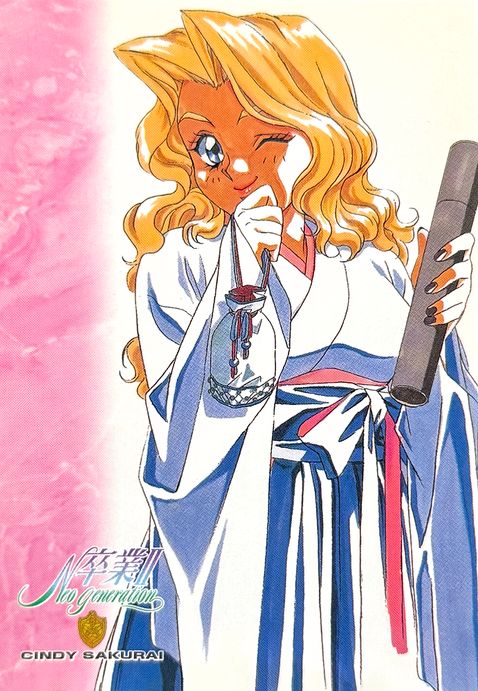 nailu, takei masaki, cindy sakurai, graduation (series), marker (medium), non-web source, official art, scan, traditional media, 1990s (style), 1girl, black nails, blonde hair, blue eyes, character name, copyright name, cowboy shot, japanese clothes, kimono, long hair, long sleeves, looking at viewer, one eye closed, retro artstyle, smile, solo, sotsugyou ii: neo generation, standing, wide sleeves