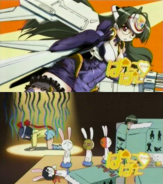 katagiri himeko, kos-mos, mesousa, tachibana rei, pani poni dash!, xenosaga, anime screenshot, 2girls, ahoge, all fours, black hair, box, copyright name, cosplay, crossover, eyecatch, frilled thigh strap, glasses, heart, kos-mos (cosplay), long sleeves, mecha musume, multiple girls, parody, parted lips, prostration, red eyes, rimless eyewear, school uniform, standing, thigh strap